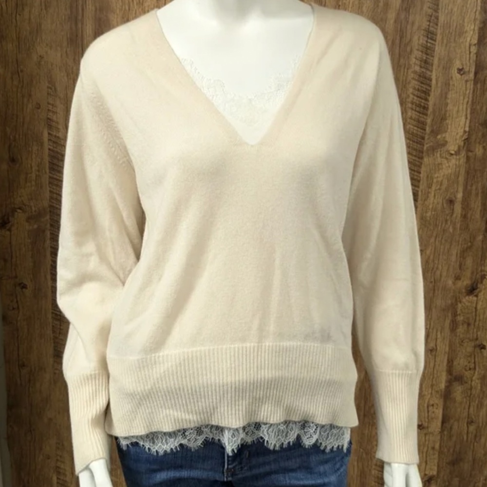 Brochu Walker Lace Vee Looker Cream Lace Trimmed Cashmere Wool Sweater XS